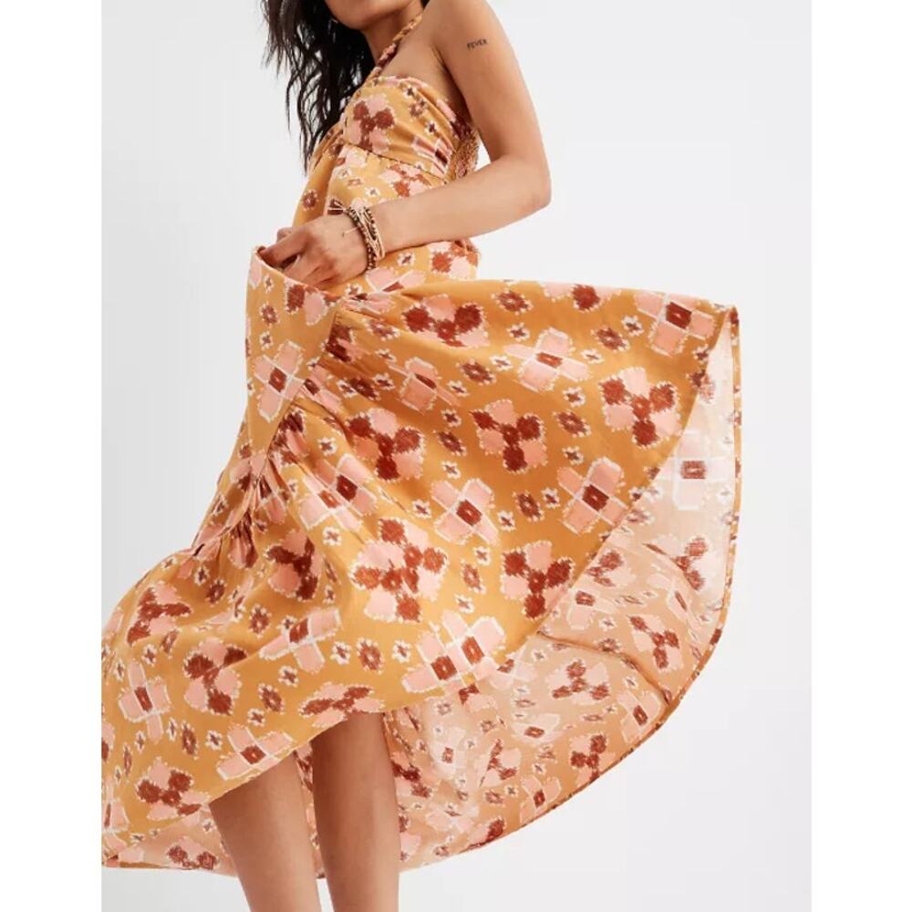 NWT Aerie Sz XS Linen Blend Halter Maxi Dress Ikat Orange Pink Boho Braided